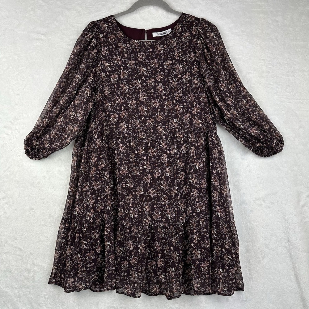 Self Contrast Womens Tiered Burgundy Baby Doll Dress Size S USA Gold Thread